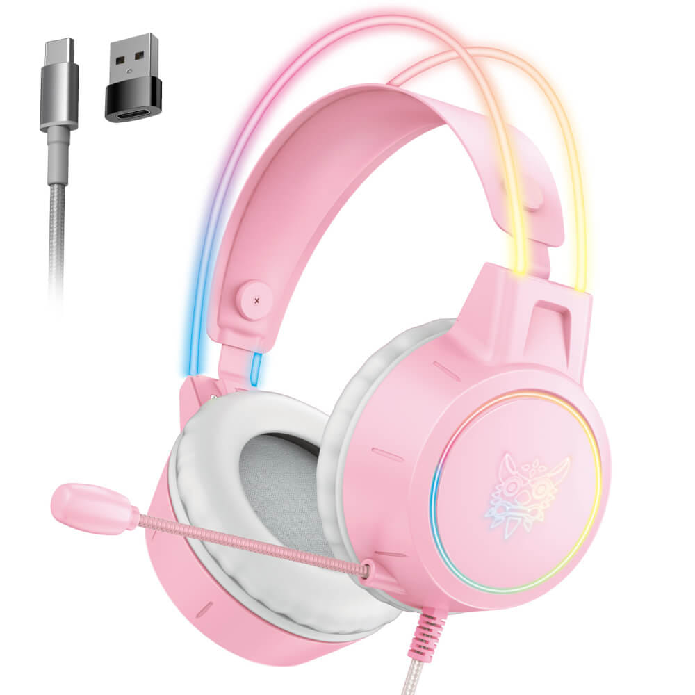 หูฟังเกมมิ่ง ONIKUMA X15 PRO RGB LIGHT DOUBLE-HEAD BEAM GAMING HEADSET - สีชมพู_1