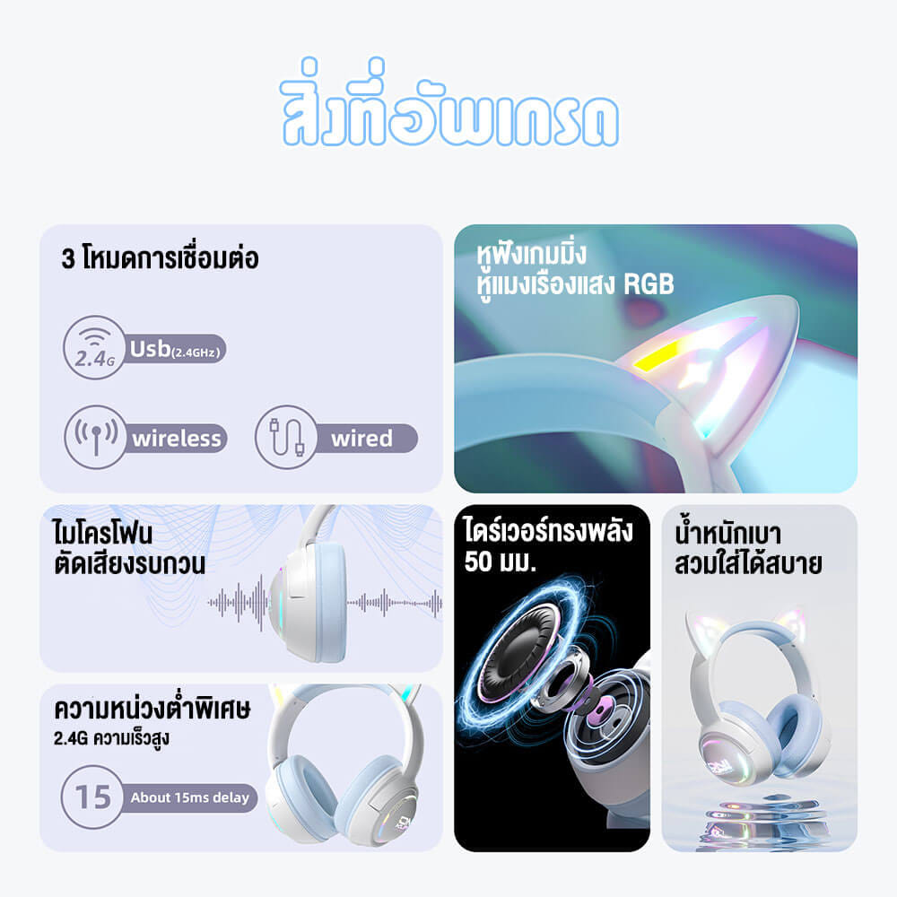หูฟังเกมมิ่ง ONIKUMA GT838 เชื่อมต่อได้ 3 โหมด BLUETOOTH 5.3 / USB-C / 2.4G DONGLE - สีฟ้า_5