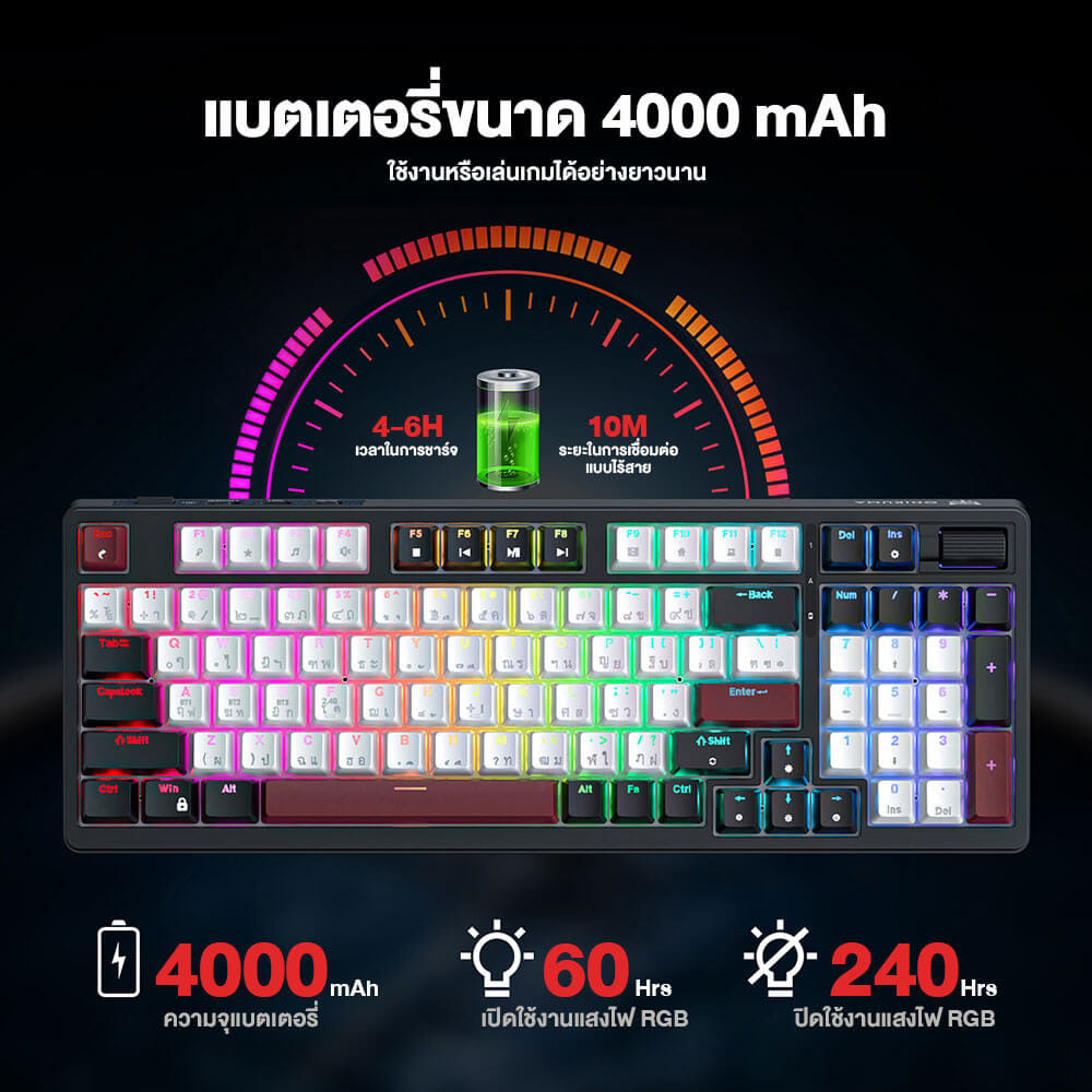 คีย์บอร์ดเกมมิ่งไร้สาย ONIKUMA AKI TRI-MODE GAMING KEYBOARD เชื่อมต่อได้ 3 โหมด - สีดำ (RED SWITCH) (TH/EN)_5
