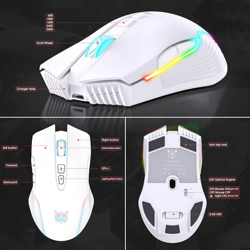 เมาส์เกมมิ่ง ONIKUMA CW905 WIRELESS GAMING MOUSE - สีขาว_6