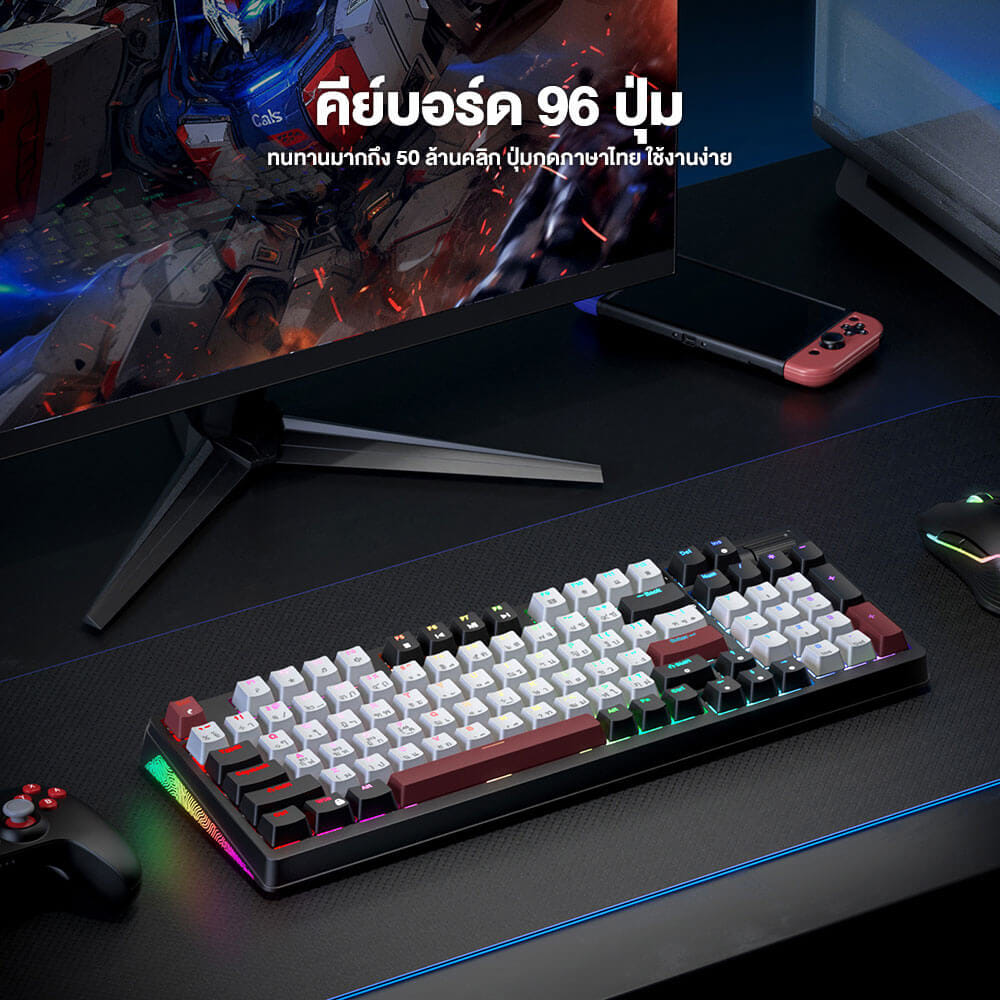 คีย์บอร์ดเกมมิ่งไร้สาย ONIKUMA AKI TRI-MODE GAMING KEYBOARD เชื่อมต่อได้ 3 โหมด - สีดำ (BLUE SWITCH) (TH/EN)_7