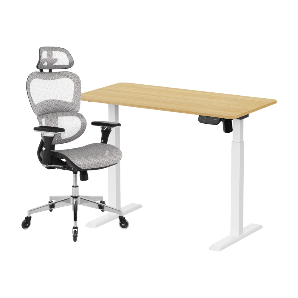 เซ็ตโต๊ะปรับระดับไฟฟ้า+เก้าอี้ทำงานเพื่อสุขภาพ LUNIO ERGO SPACE II (SIZE 120 X 60 CM) + ADAM DOT.1 THE 3D ERGO CHAIR (สีเทา)