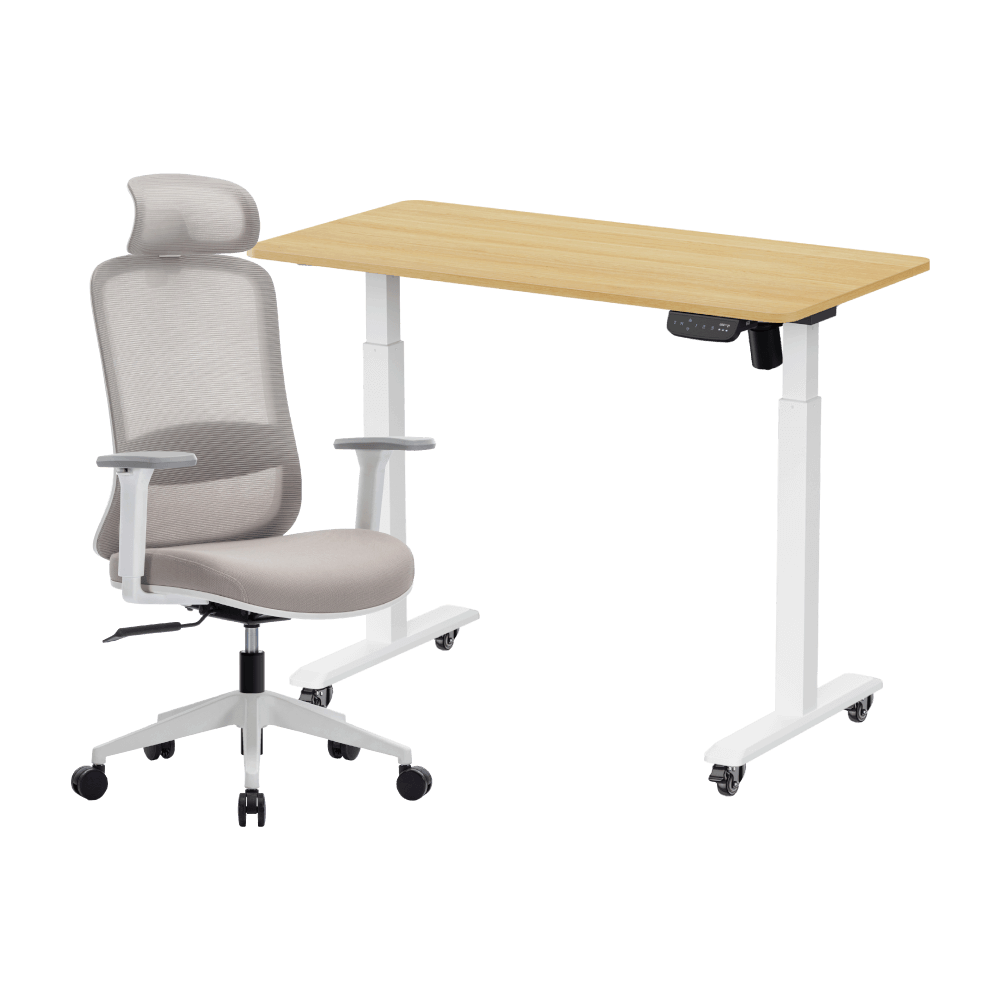 เซ็ตโต๊ะปรับระดับไฟฟ้า มีล้อ ,ULUNIO ERGO SPACE II (SIZE 120 X 60 CM) + เก้าอี้ทำงานเพื่อสุขภาพ LUNIO ERGO STARLIGHT CHAIR (สีขาว)