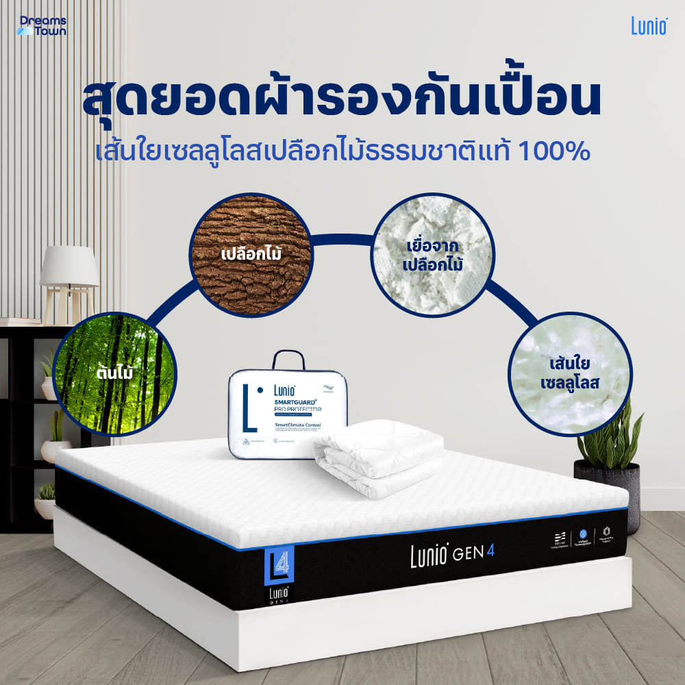 ที่นอนยางพารา 5 ฟุต LUNIO GEN4 มาพร้อมผ้ารองกันเปื้อนกันน้ำ รุ่น LUNIO SMARTGUARD PRO PROTECTOR