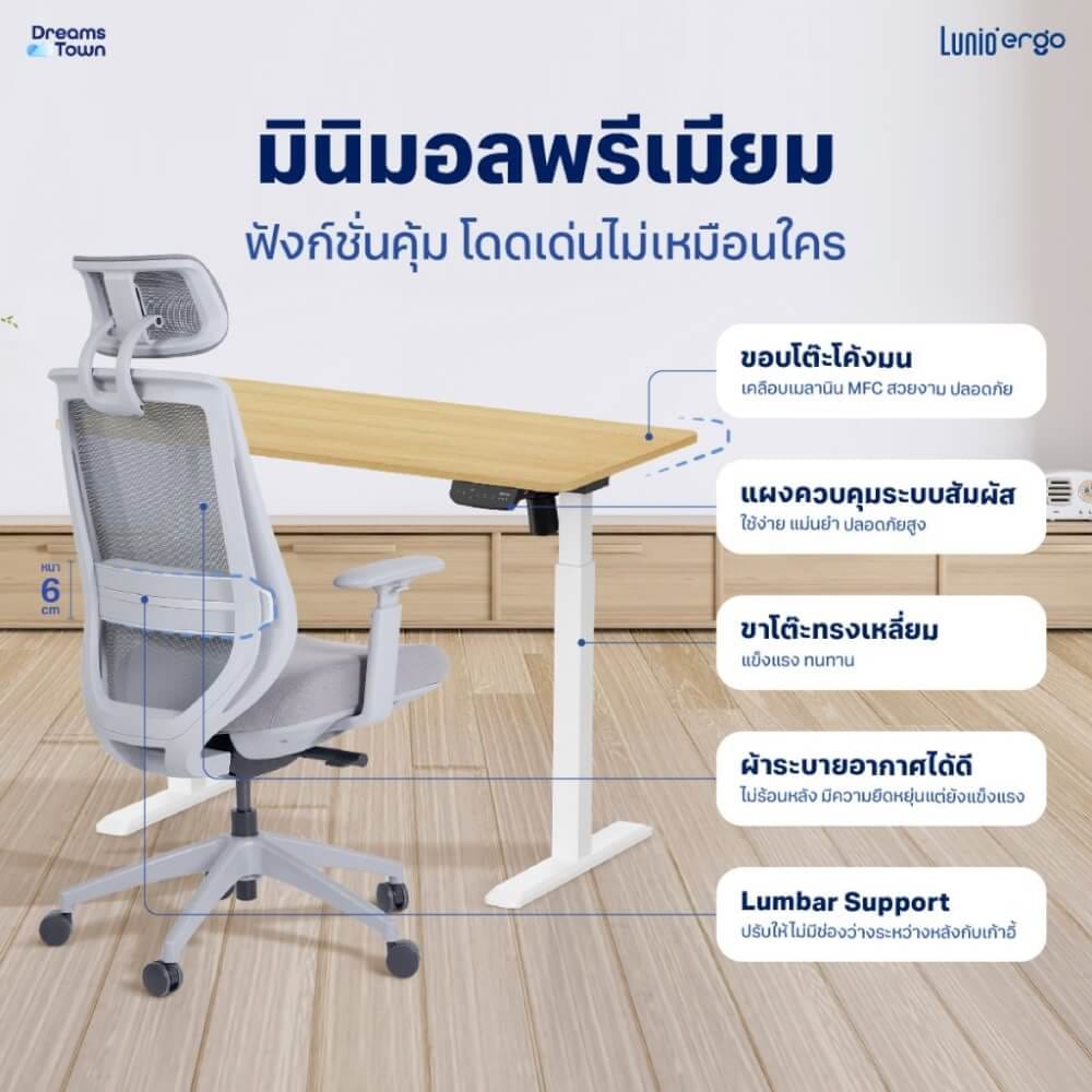 เซ็ตโต๊ะปรับระดับไฟฟ้า+เก้าอี้ทำงานเพื่อสุขภาพ LUNIO ERGO SPACE II (SIZE 120 X 60 CM) + LUNIO ERGO APOLLO SMART X2 (สีเทา)_4