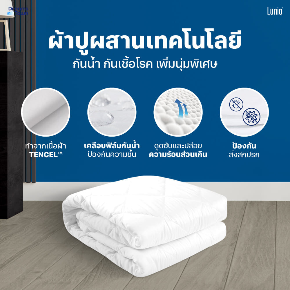 ที่นอนยางพาราอัลตร้าไฮบริด 5 ฟุต LUNIO QUANTUM MAX มาพร้อมผ้ารองกันเปื้อนกันน้ำ รุ่น LUNIO SMARTGUARD PRO PROTECTOR