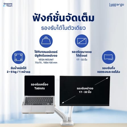 ชุดเซ็ตแขนจับจอคอม+แท่นวางโน็ตบุ๊ค LUNIO ERGO MONITOR ARM CYBOT สีขาว 1 + LUNIO ERGO CYPAD สีเงิน_1