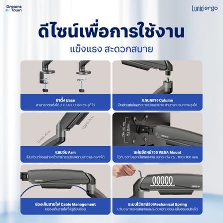 ชุดเซ็ตแขนจับจอคอม+แท่นวางโน็ตบุ๊ค LUNIO ERGO MONITOR ARM CYBOT สีเทา 2 + LUNIO ERGO CYPAD สีดำ_2