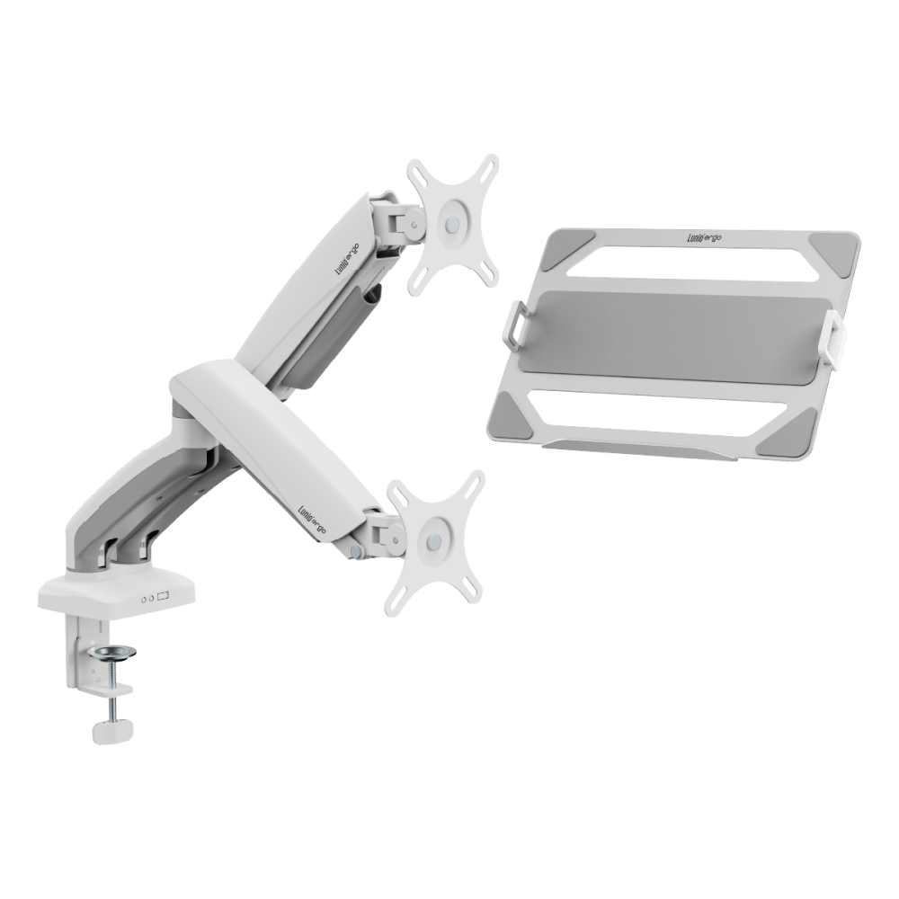 ชุดเซ็ตแขนจับจอคอม+แท่นวางโน็ตบุ๊ค LUNIO ERGO MONITOR ARM CYBOT สีขาว 2 + LUNIO ERGO CYPAD สีเงิน
