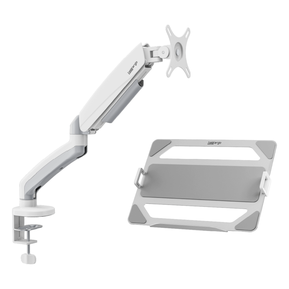 ชุดเซ็ตแขนจับจอคอม+แท่นวางโน็ตบุ๊ค LUNIO ERGO MONITOR ARM CYBOT สีขาว 1 + LUNIO ERGO CYPAD สีเงิน