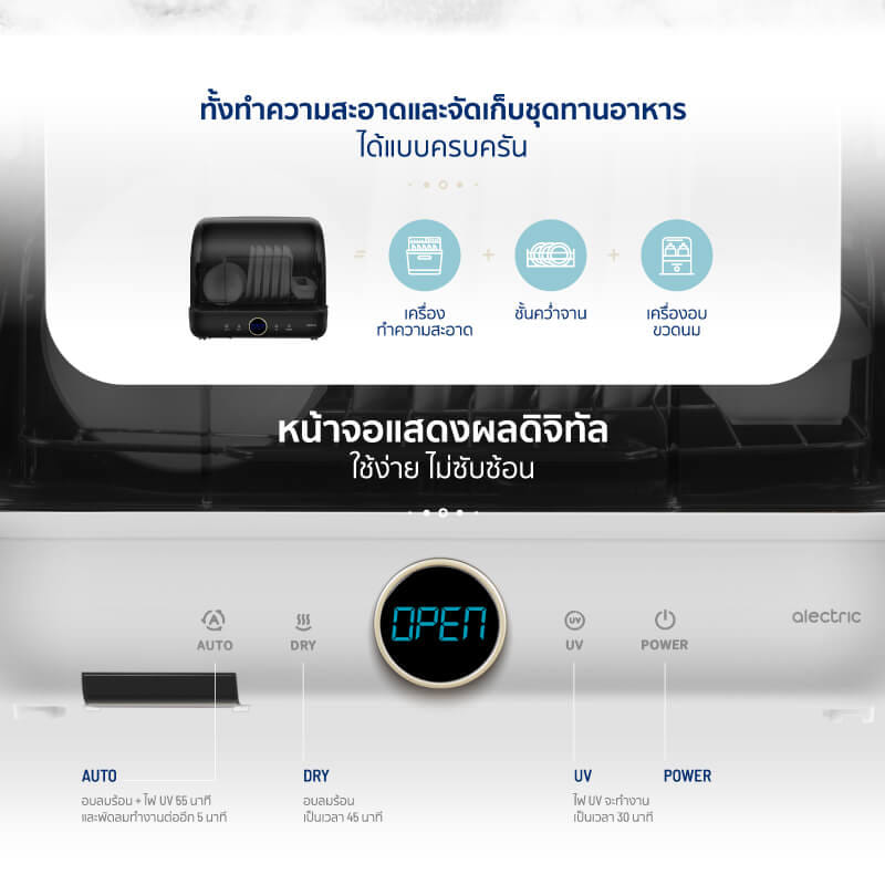 เครื่องอบจานไฟฟ้าพรัอมแสง UV ALECTRIC รุ่น DV1 สีขาว_2