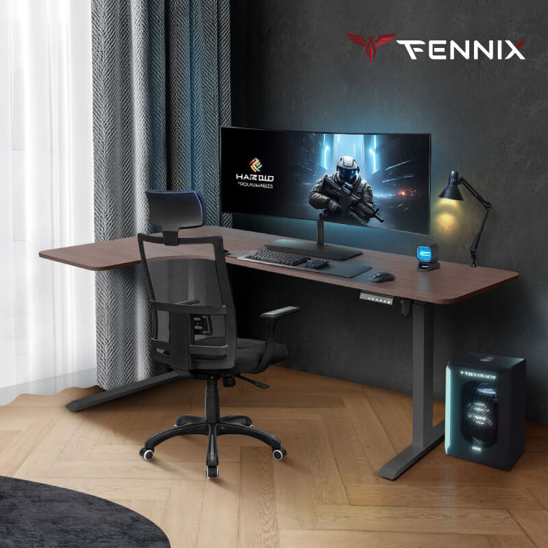 โต๊ะทำงานเพื่อสุขภาพ FENNIX รุ่น L-SHAPED สีไม้สีเข้ม/ดำ_1