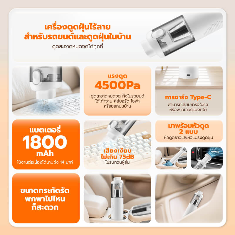 เครื่องดูดฝุ่นพกพาไร้สาย SCE PLUS รุ่น VC-M สีขาว สำหรับดูดฝุ่นในรถ