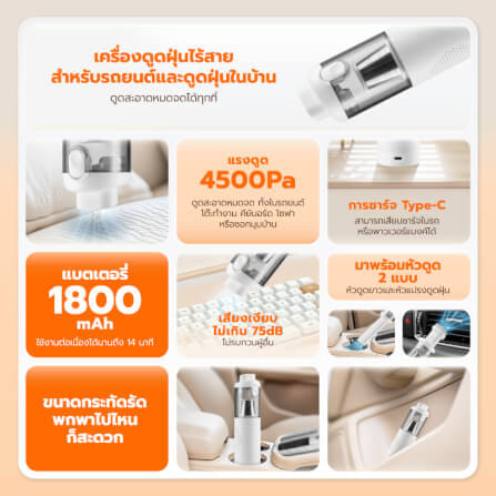 เครื่องดูดฝุ่นพกพาไร้สาย SCE PLUS รุ่น VC-M สีขาว สำหรับดูดฝุ่นในรถ_2