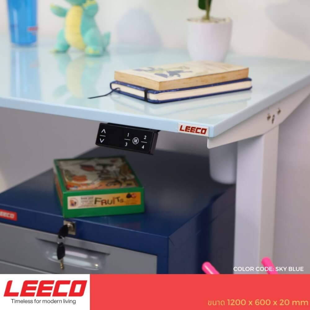 โต๊ะปรับระดับไฟฟ้า หน้าไม้ MDF เคลือบไฮกลอส มอเตอร์ 2 ระดับ LEECO GT-612-SM-BLUE ฟ้า