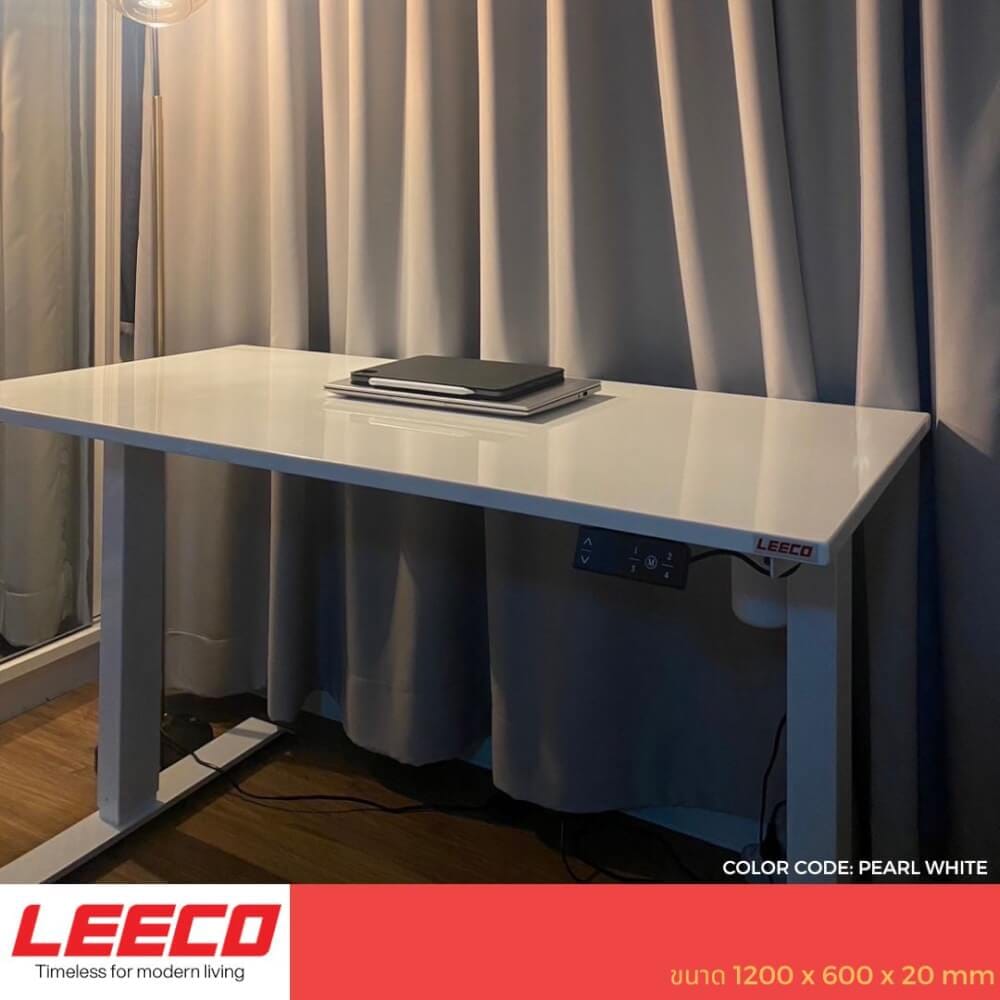 โต๊ะปรับระดับไฟฟ้า หน้าไม้ MDF เคลือบไฮกลอส มอเตอร์ 2 ระดับ LEECO GT-612-SM-BLUE ขาว