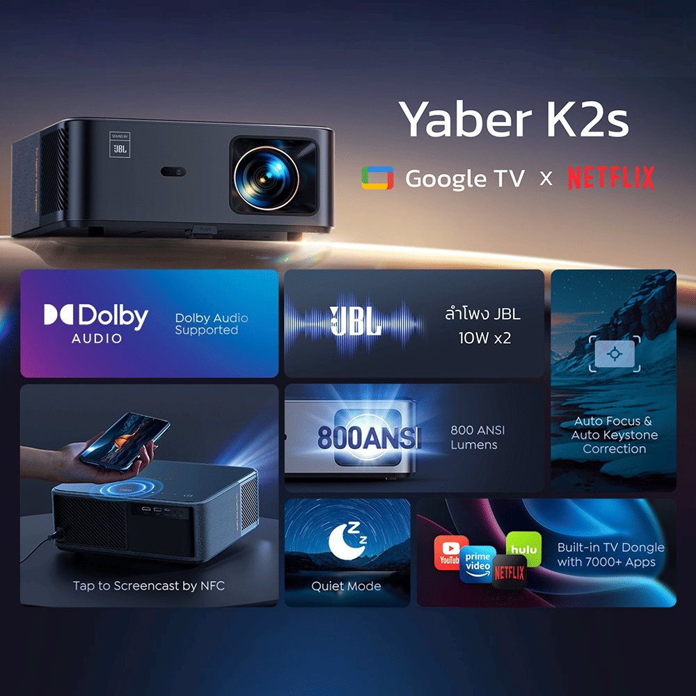 โปรเจคเตอร์ YABER K2S GOOGLE TV รองรับภาพระดับ 4K พร้อมระบบ GOOGLE TV