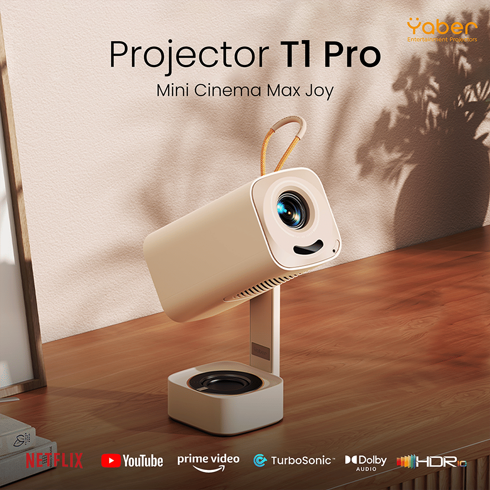 โปรเจคเตอร์ YABER T1 PRO สีเบจ หมุนได้ 180&deg; คมชัด 1080P FHD สว่าง 220 ANSI LUMENS