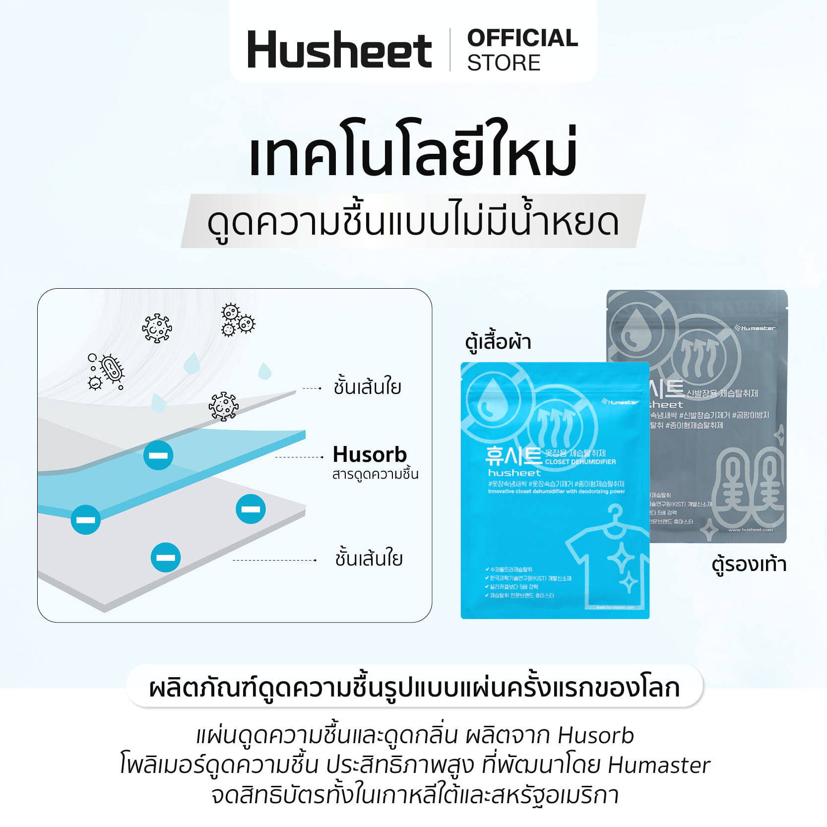 แผ่นลดกลิ่นอับสำหรับตู้เสื้อผ้า + แผ่นดับกลิ่นตู้รองเท้า HUSHEET นำเข้าจากเกาหลี แพ็คคู่_3