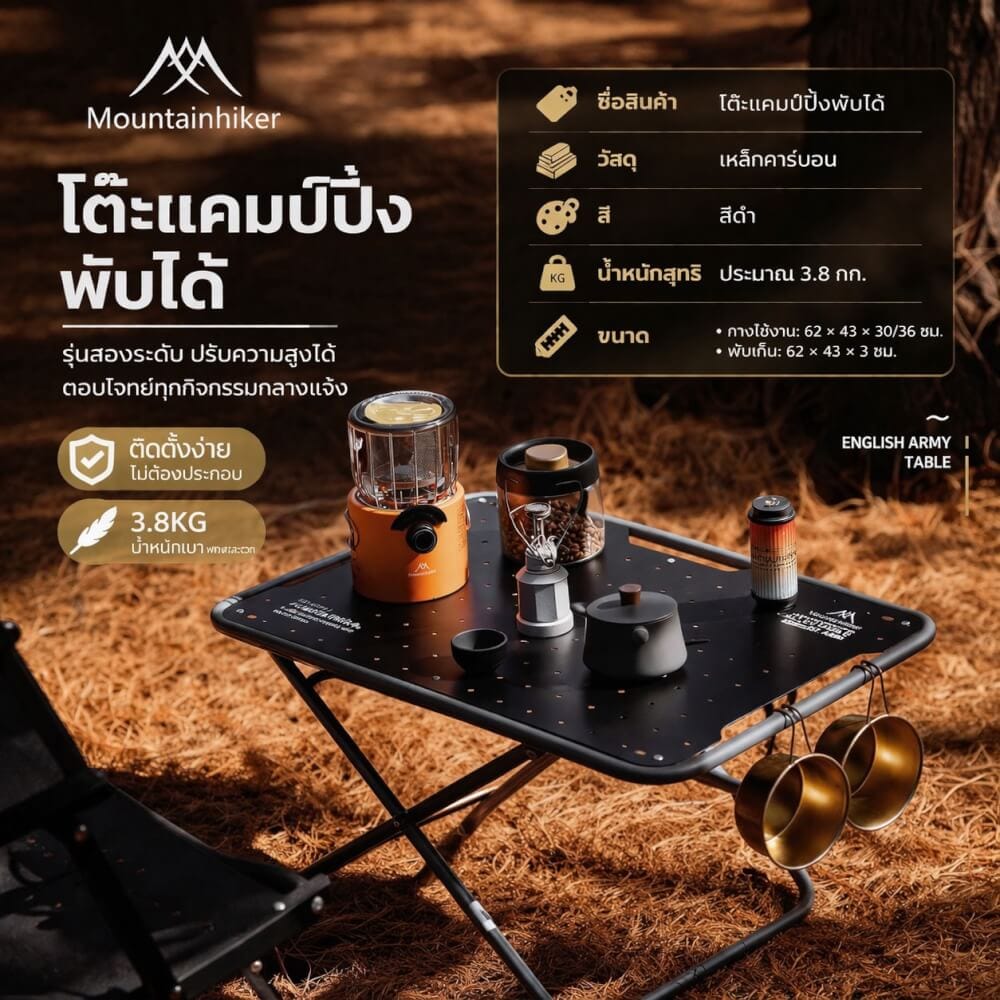 โต๊ะพับแคมป์ปิ้ง MOUNTAINHIKER 62 ซม. สีเงิน