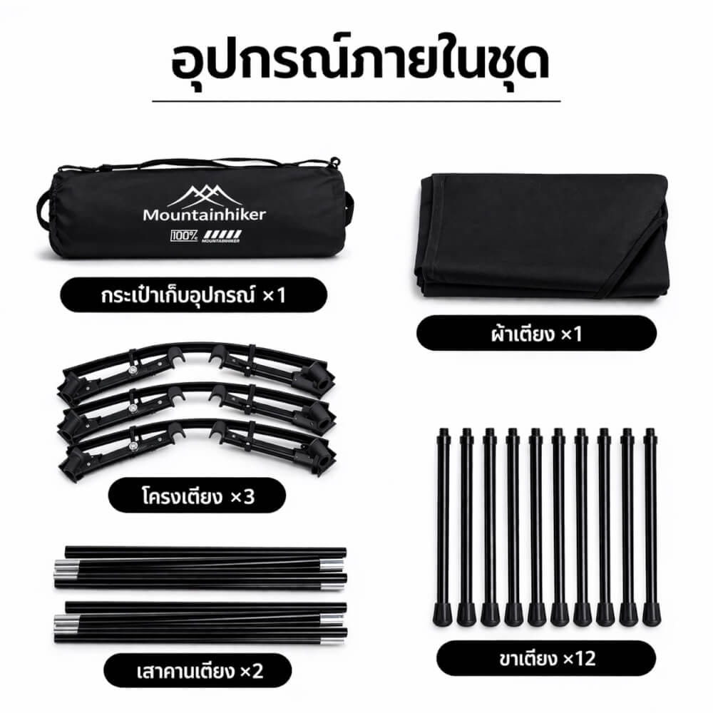 เตียงสนามพับได้ MOUNTAINHIKER 90 &times; 65 &times; 38 ซม. สีดำ