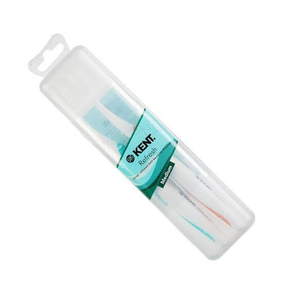แปรงสีฟันพรีเมียม KENT 2 ด้ามในกล่องพกพา (ขนกลาง) สีฟ้าและชมพู