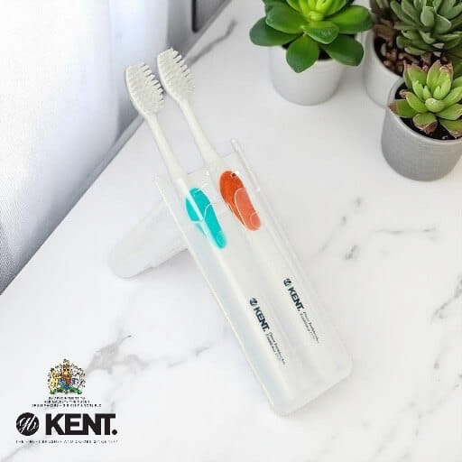 แปรงสีฟันพรีเมียม KENT 2 ด้ามในกล่องพกพา (ขนกลาง) สีเขียวและส้ม