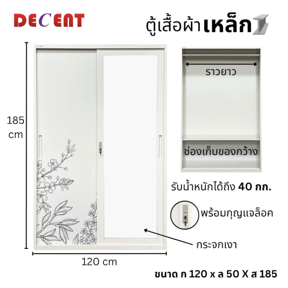 ตู้เสื้อผ้าเหล็ก บานเลื่อน 2 ประตู DECENT ลาย ใบเฟิร์น 120ซม._2