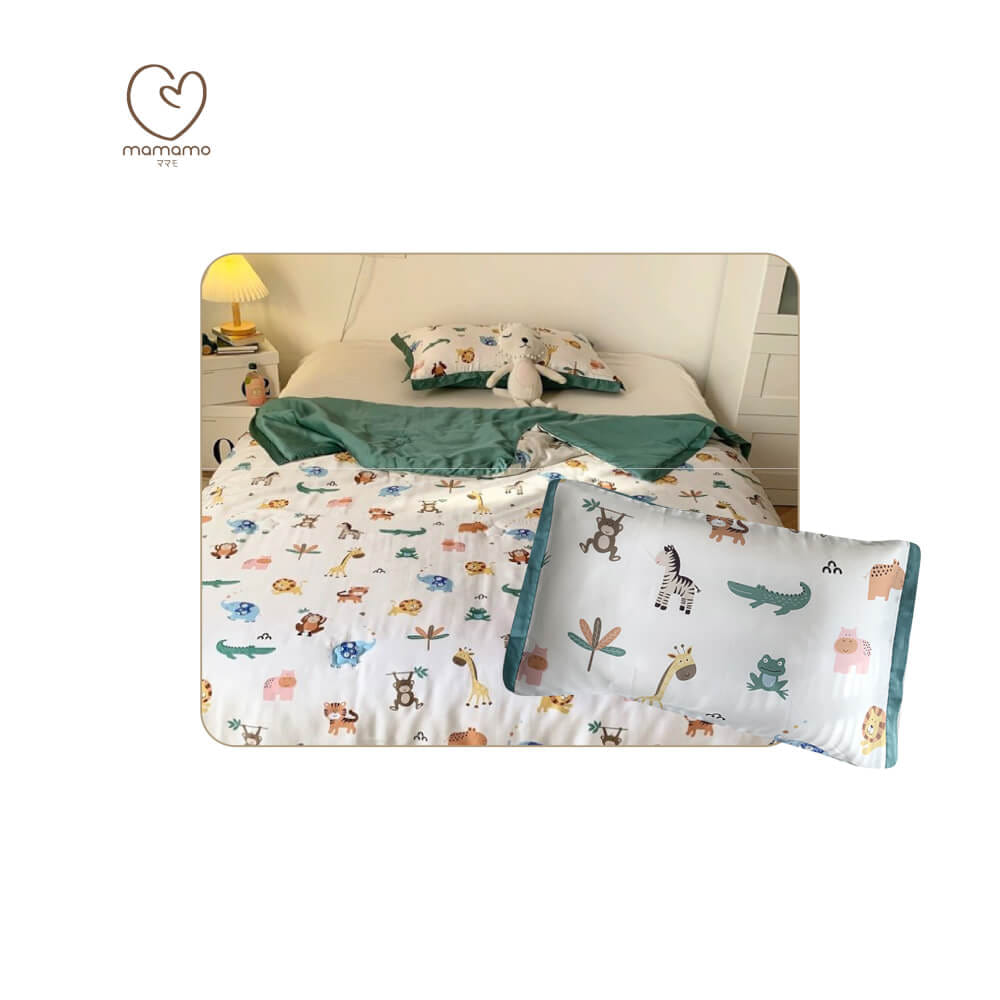 ผ้าห่ม MAMAMO ผ้า TENCEL ลาย HAPPY ANIMALS ขนาด 120X150 CM. แถมฟรี ปลอกหมอน พร้อมส่ง