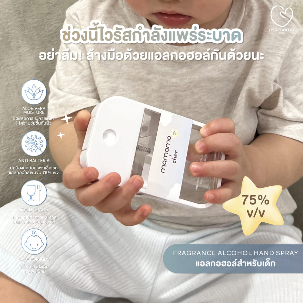แอลกอฮอล์เด็ก MAMAMO X CHER ขนาด 45 ML. แอลกอฮอล์สำหรับเด็กและทุกคนในครอบครัว อ่อนโยนต่อผิว กลิ่นหอมละมุน พร้อมส่ง