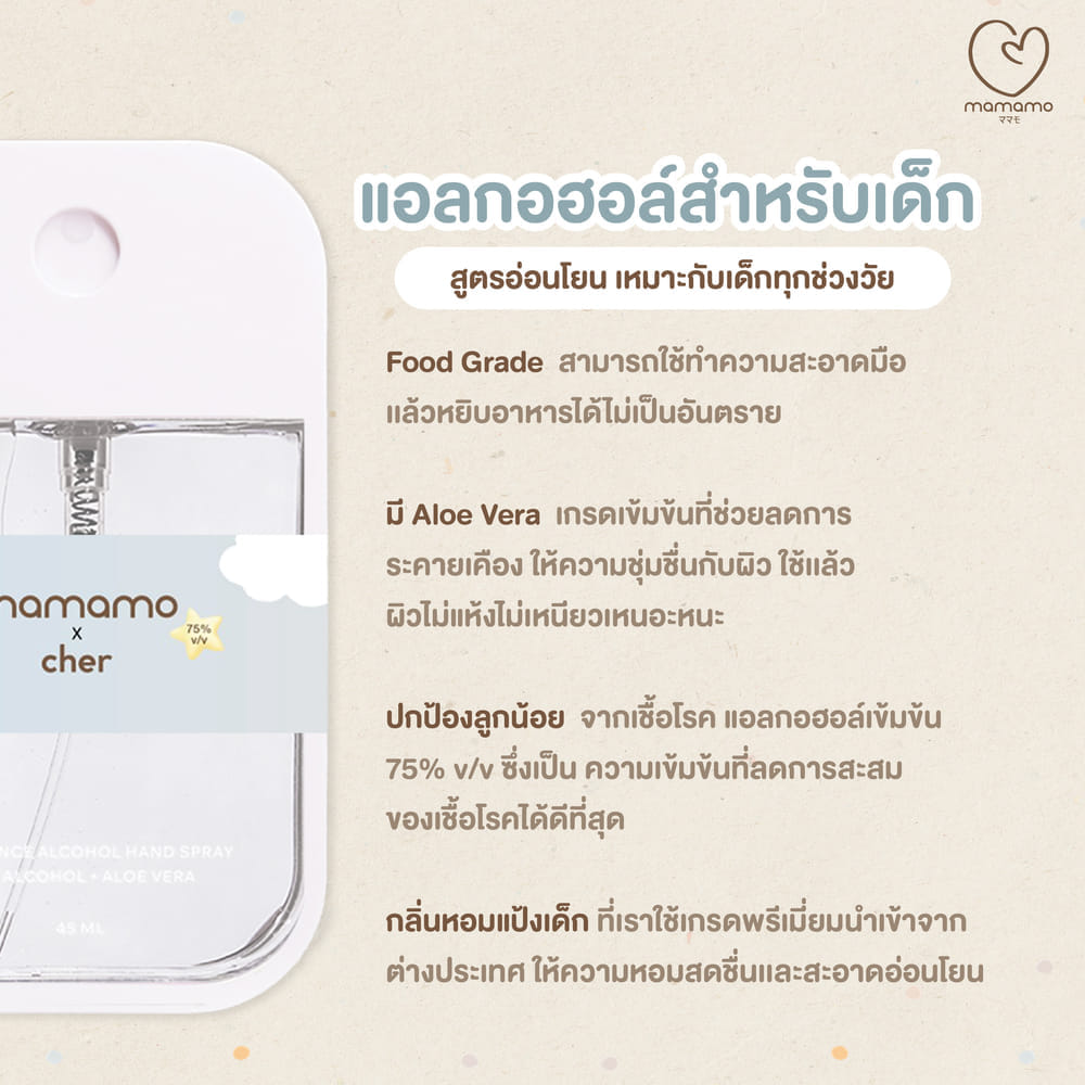 แอลกอฮอล์เด็ก MAMAMO X CHER ขนาด 500 ML. แอลกอฮอล์สำหรับเด็กและทุกคนในครอบครัว อ่อนโยนต่อผิว กลิ่นหอมละมุน พร้อมส่ง