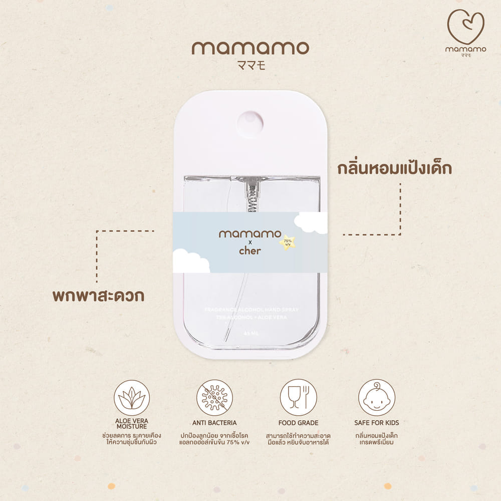 แอลกอฮอล์เด็ก MAMAMO X CHER ขนาด 45 ML. แอลกอฮอล์สำหรับเด็กและทุกคนในครอบครัว อ่อนโยนต่อผิว กลิ่นหอมละมุน พร้อมส่ง