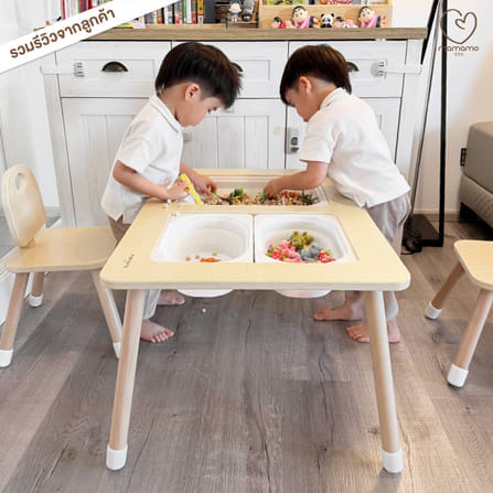 โต๊ะเสริมพัฒนาการแบบหลุม + เก้าอี้ MAMAMO สีครีม ดีไซน์โค้งมน_9