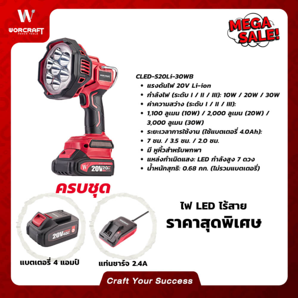 ไฟฉาย LED WORCRAFT รุ่น CLED-S20LI-30WB (พร้อมแบตเตอรี่และแท่นชาร์จ)_9