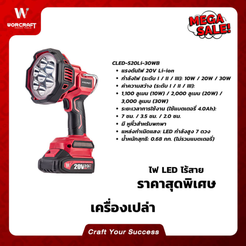 ไฟฉาย LED WORCRAFT รุ่น CLED-S20LI-30WB (เฉพาะตัวเครื่อง)_9