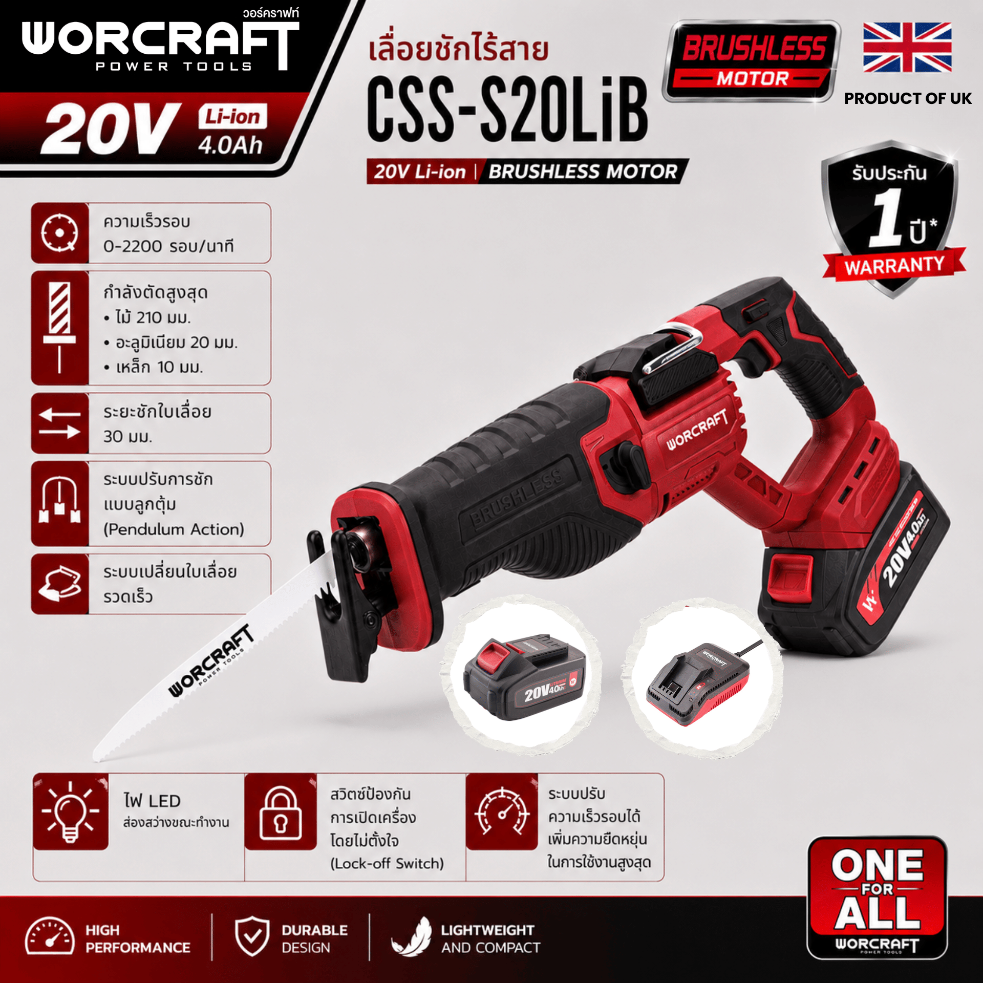 เลื่อยชักไร้สาย WORCRAFT รุ่น CSS-S20LIB (พร้อมแบตเตอรี่และแท่นชาร์จ)_6