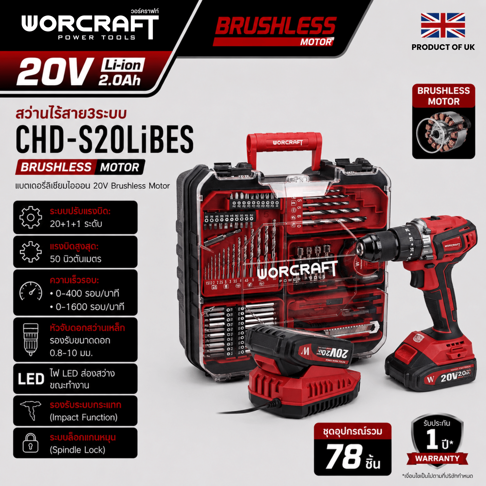 สว่านไร้สาย WORCRAFT รุ่น CHD-S20LIBES