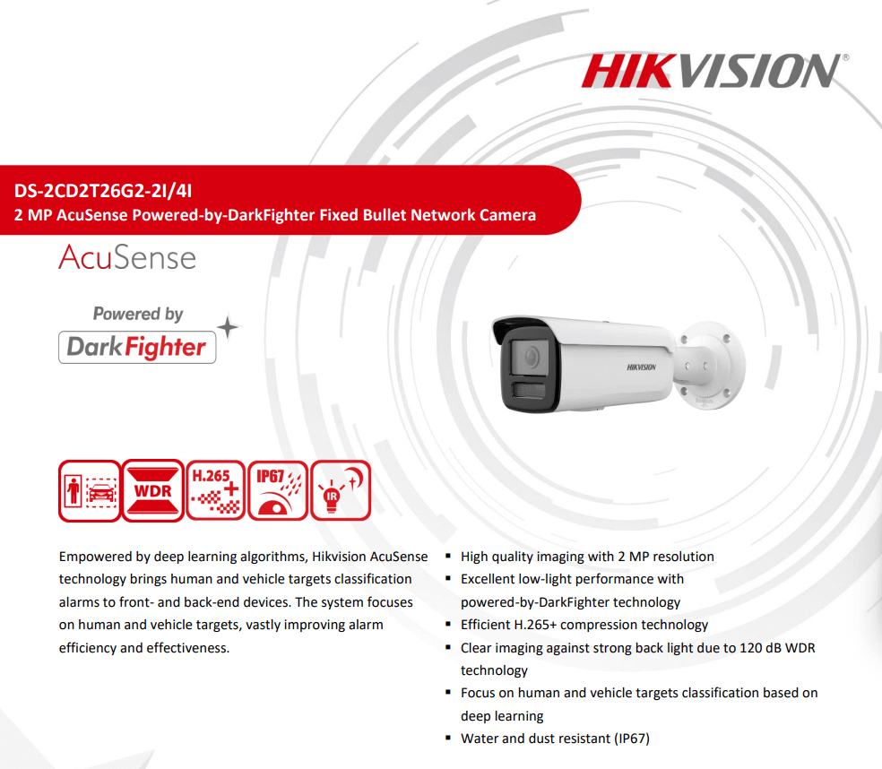 กล้องวงจรปิดระบบ IP HIKVISION รุ่น DS-2CD2T26G2-2I(4MM) | ทรงกระบอก ความละเอียด 2MP พร้อมฟังก์ชัน ACUSENSE, DARKFIGHTER_2