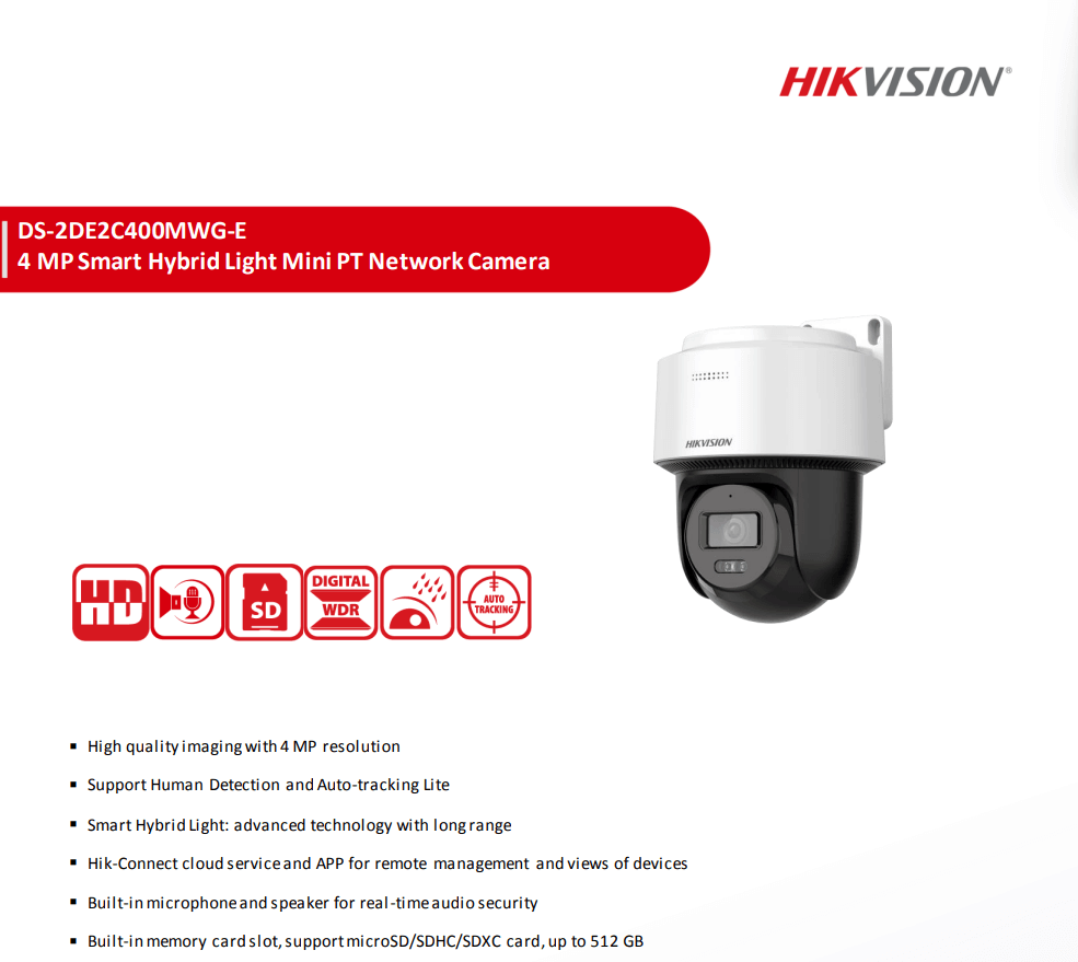 กล้องวงจรปิดระบบ IP HIKVISION รุ่น DS-2DE2C400MWG-E(2.8MM) | กล้องทรงกลมแบบหมุนได้(PT) ใช้งานภายนอก ความละเอียด 4MP  พร้อมฟังก์ชัน SMART HYBRID-LIGHT_2