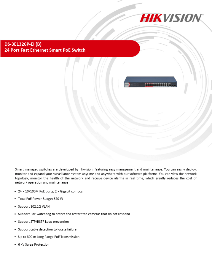 สวิตช์ HIKVISION รุ่น DS-3E1326P-EI | สวิตช์ POE 24 พอร์ต FAST ETHERNET SMART_2