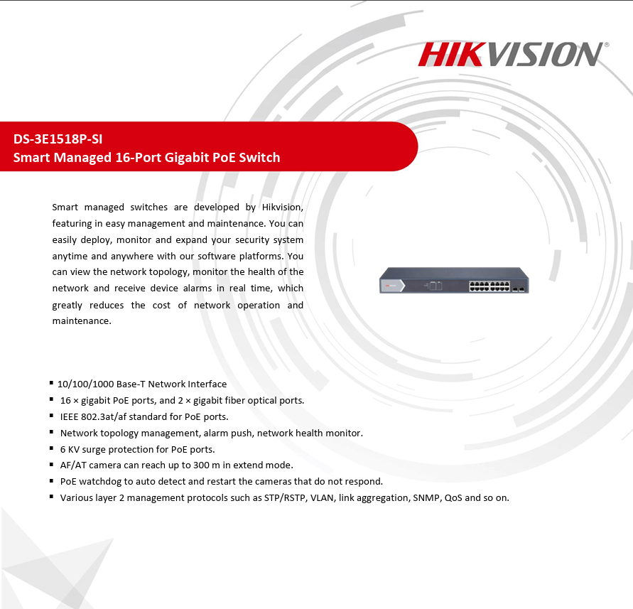 สวิตช์พีโออี HIKVISION รุ่น DS-3E1518P-SI | สวิตช์ POE 16 พอร์ต GIGABIT SMART_2