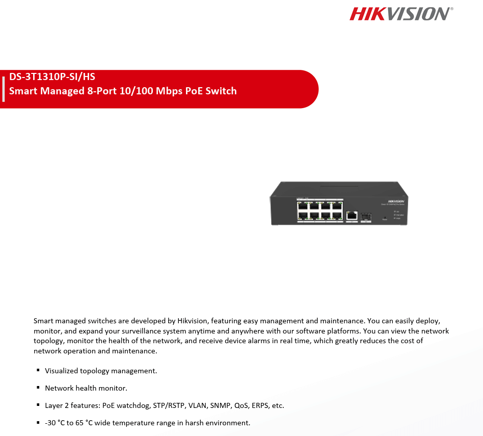 สวิตช์ HIKVISION รุ่น DS-3T1310P-SI/HS | สวิตช์ POE 8 พอร์ต FAST ETHERNET SMART สำหรับงานอุตสาหกรรม_2