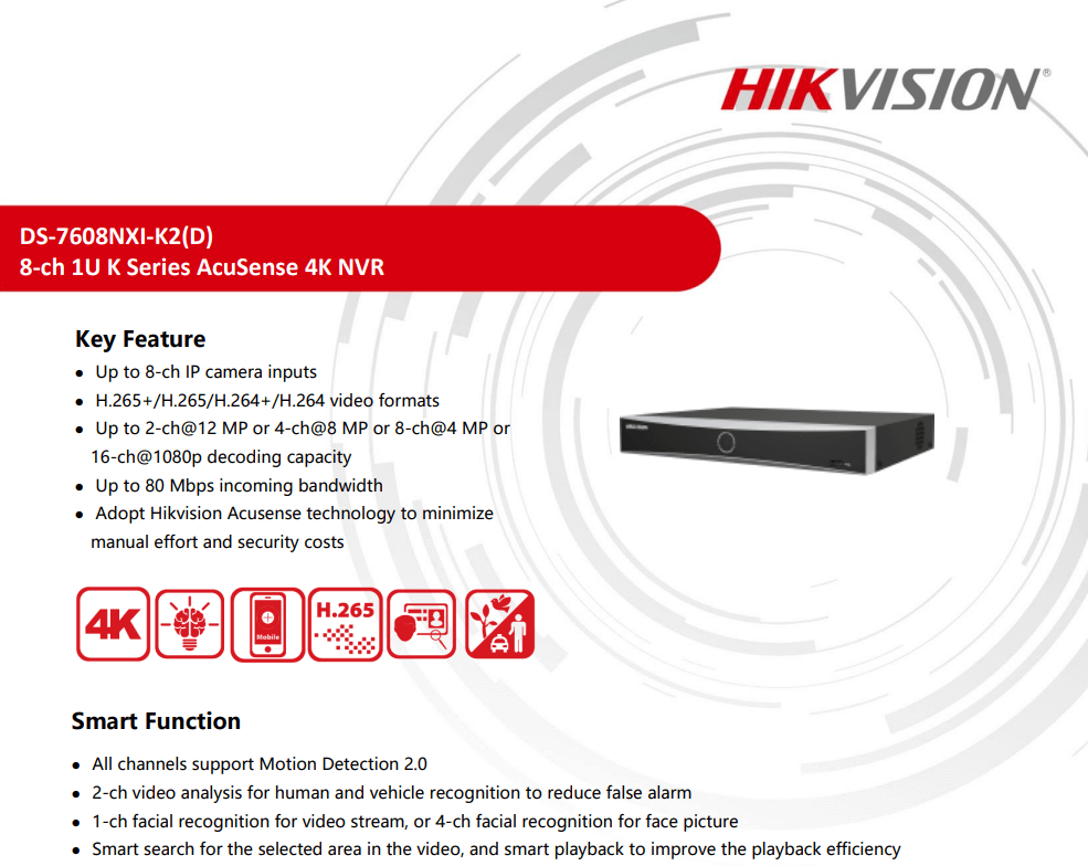 เครื่องบันทึก HIKVISION รุ่น DS-7608NXI-K2(D) รองรับกล้อง 8 ตัว มี ACUSENSE แยกคน-รถ รองรับความละเอียด 4K_2