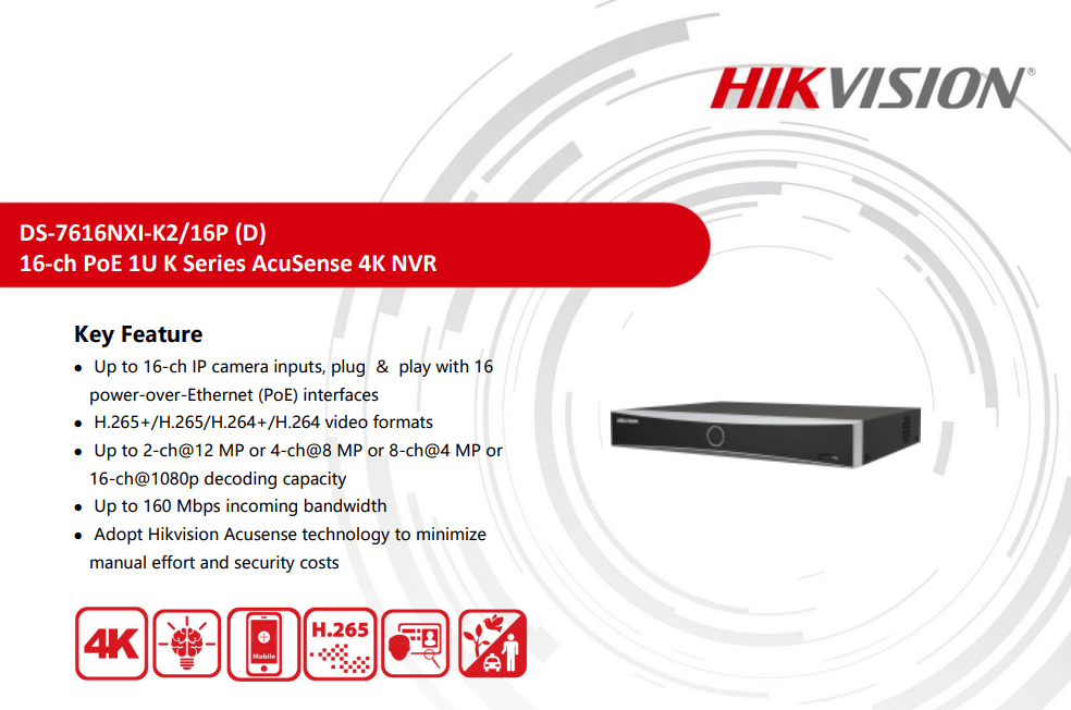 เครื่องบันทึก HIKVISION รุ่น DS-7616NXI-K2/16P | 16-CH รองรับ POE 1U K SERIES ACUSENSE 4K NVR_2