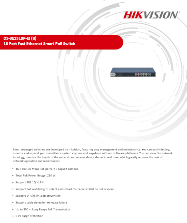 สวิตช์พีโออี HIKVISION รุ่น DS-3E1318P-EI | สวิตช์ POE 16 พอร์ต FAST ETHERNET SMART_2