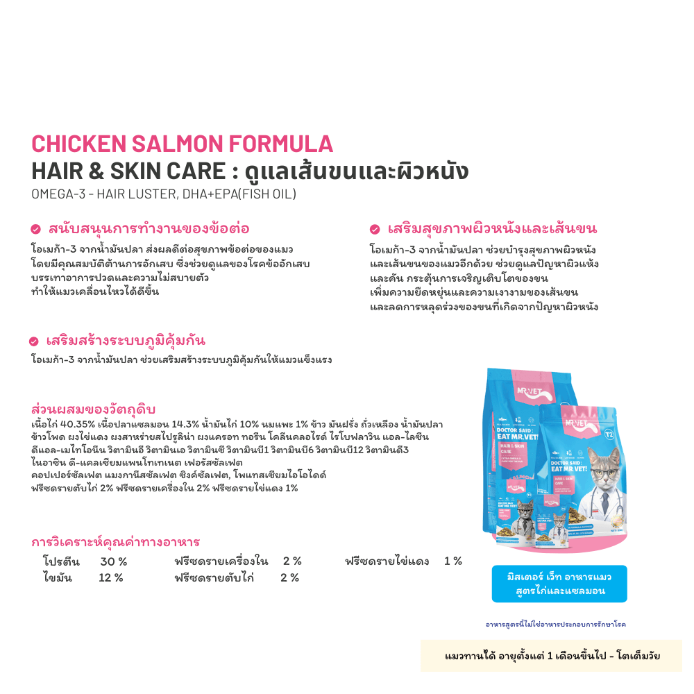 อาหารแมวผสมฟรีซดราย MR.VET สูตร T2 HOLISTIC รสไก่และแซลมอน 300 กรัม_2