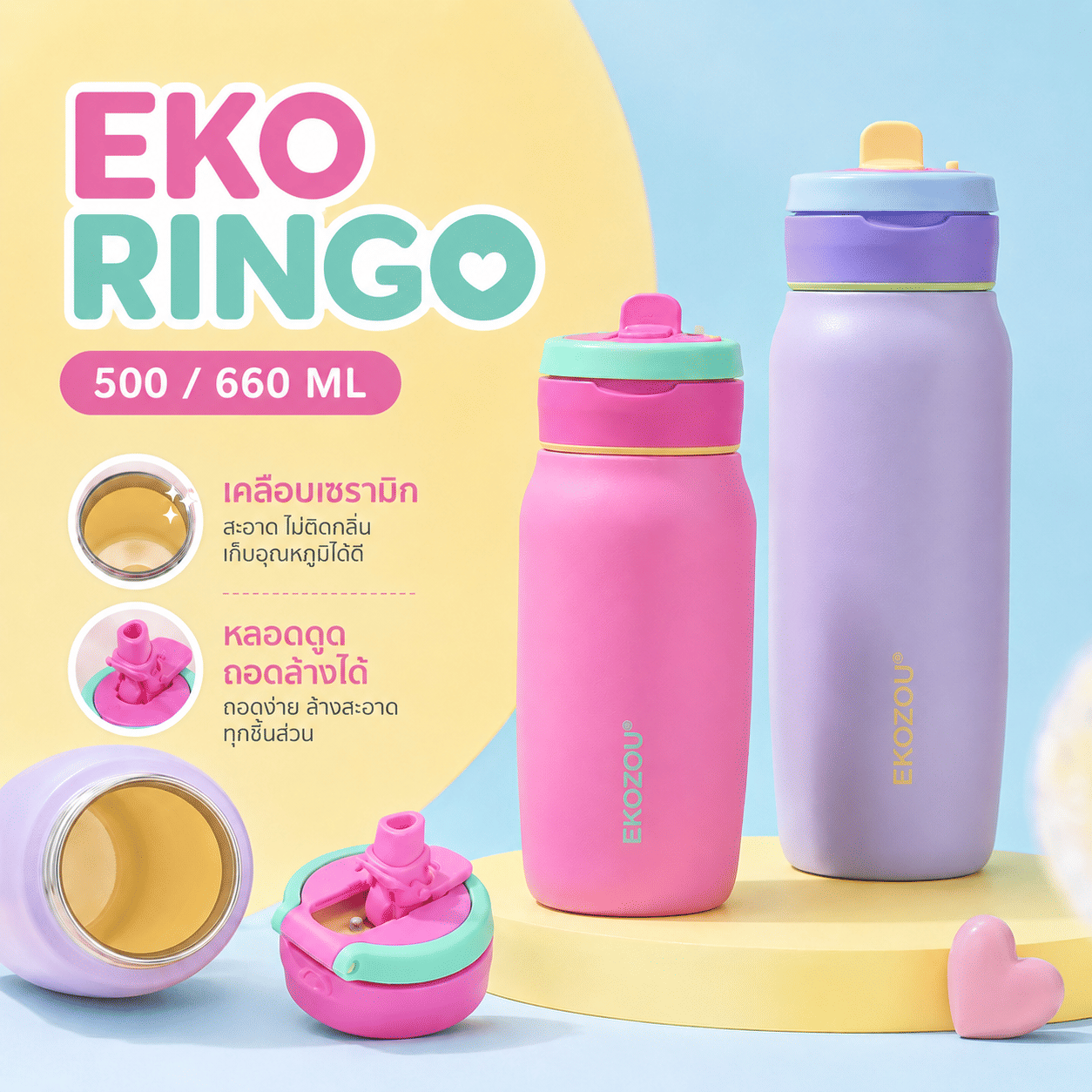 ขวดน้ำเก็บความเย็น เคลือบเซรามิก EKOZOU EKO RINGO ขนาด 660 มล. (BERRY MINT)_6
