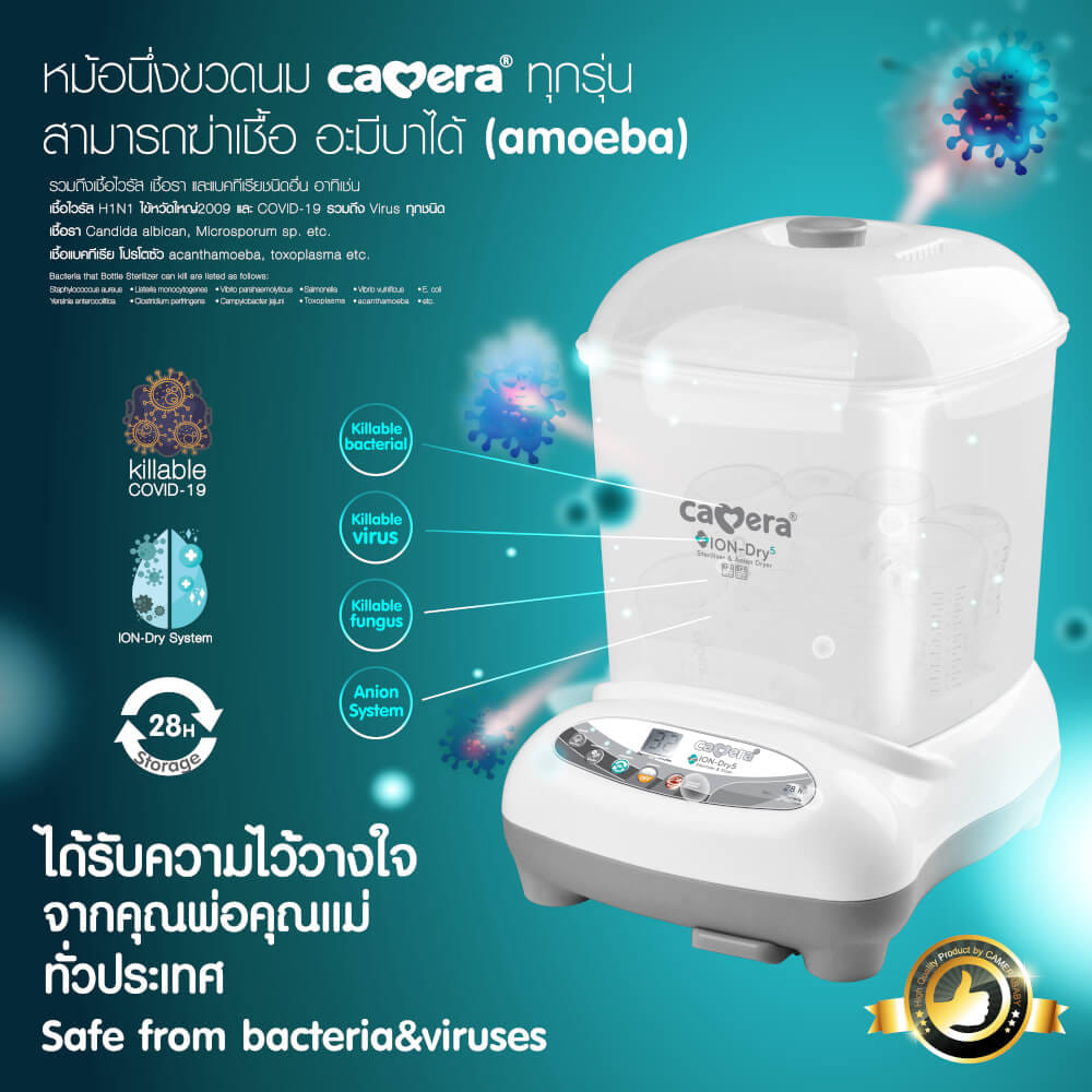 เครื่องนึ่งฆ่าเชื้อพร้อมอบแห้ง CAMERA รุ่น IONDRY 5 อบลมร้อน ปล่อยประจุลบ โหมดปลอดเชื้อ 28 ชั่วโมง