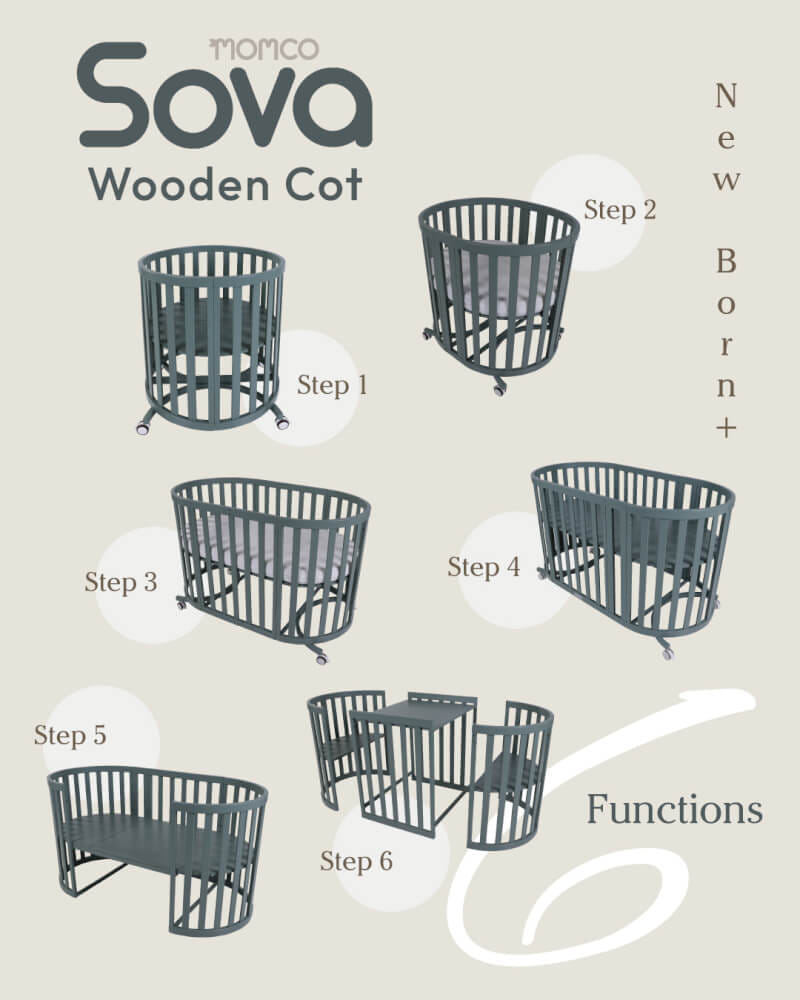 เตียงเด็ก MOMCO SOVA WOODEN COT พร้อมมุ้ง ปรับขนาดได้ 6 รูปแบบ สีเขียว_7