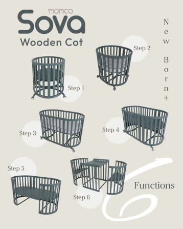 เตียงเด็ก MOMCO SOVA WOODEN COT พร้อมมุ้ง ปรับขนาดได้ 6 รูปแบบ สีไม้ธรรมชาติ_7